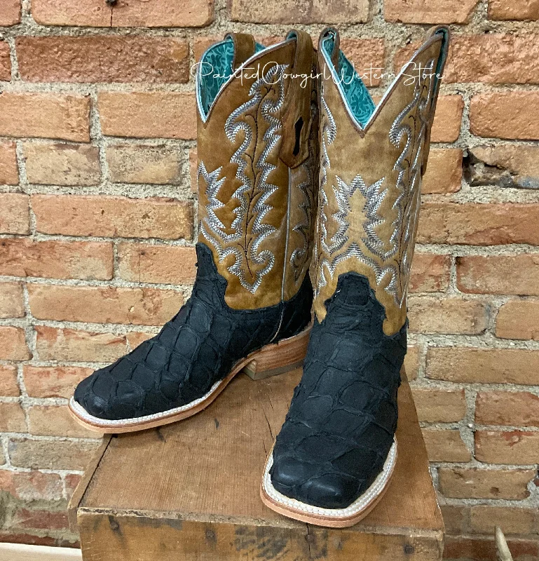 Corral Women’s Black/Sand Pirarucu Arapaima Fish Square Toe Boots A4204
